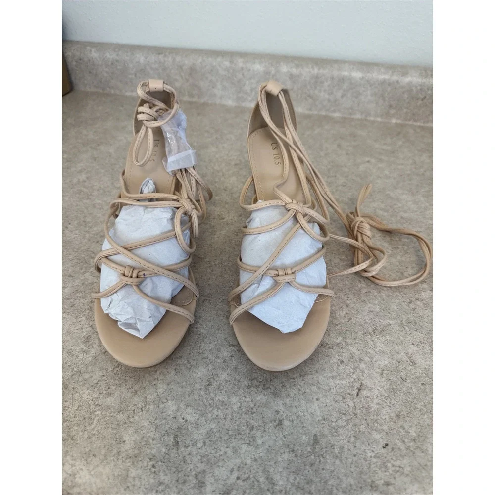 Lace Up Block Heels Sandals Women’s Size 10.5 Nude Strappy‎ Ankle Tie Shoes